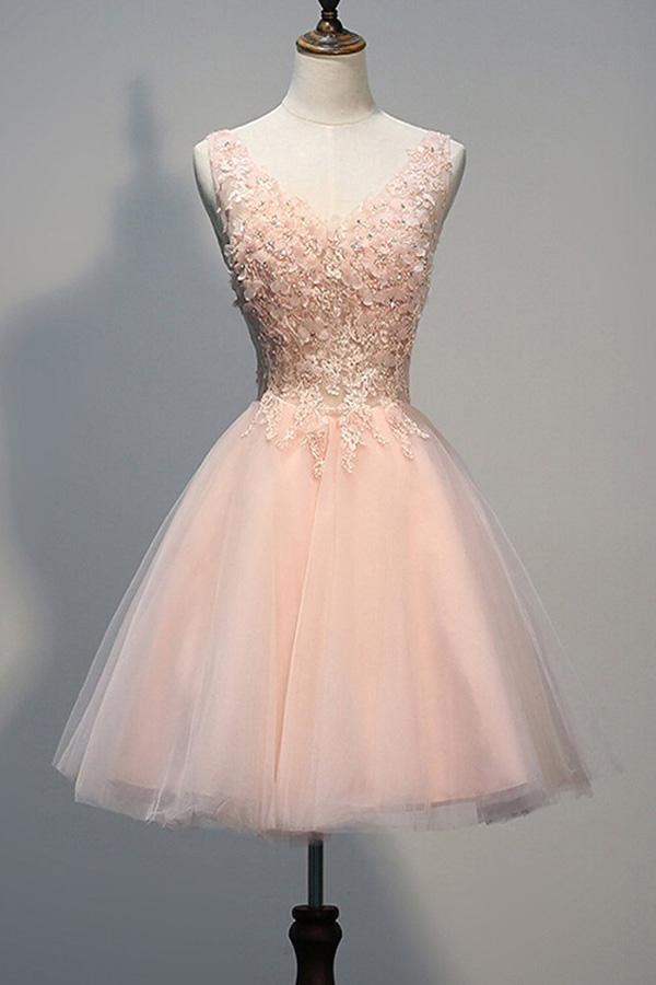 Blush Pink Backless V-neck Lace Beaded Homecoming Dresses, Short Prom Dress