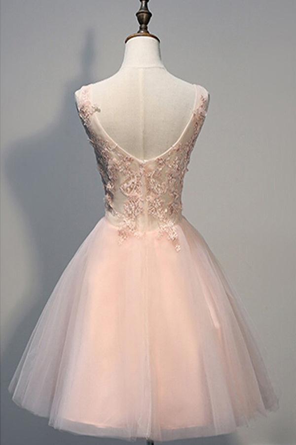 Blush Pink Backless V-neck Lace Beaded Homecoming Dresses, Short Prom Dress