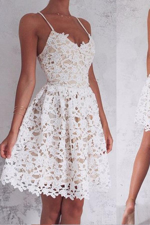 Robe courte de bal ivoire à bretelles fines en ligne A avec laçage, robe de rentrée scolaire