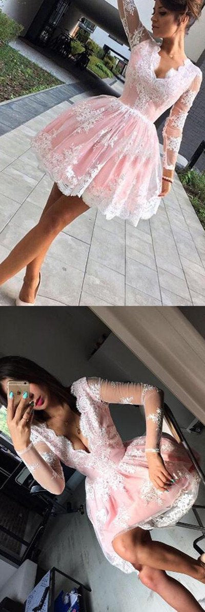 Cute Pink A-line Long Sleeves Short Prom Dress, Homecoming Dresses on Line