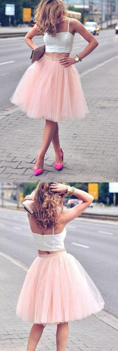 Vestiti corti rosa a due pezzi con spalline sottili, linea a trapezio, in tulle per serate di gala