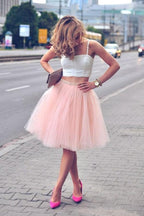 Vestiti corti rosa a due pezzi con spalline sottili, linea a trapezio, in tulle per serate di gala