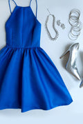 Blue Backless Short Prom Dress, Simple Spaghetti Straps Homecoming Dresses