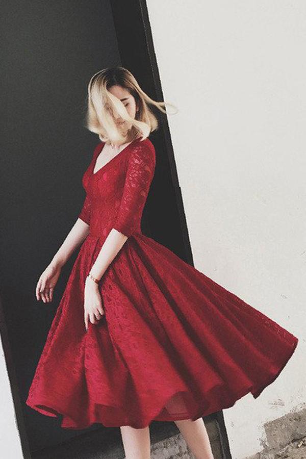 Burgundy Half Sleeves Lace V Neck Homecoming Dress Short Prom Dress