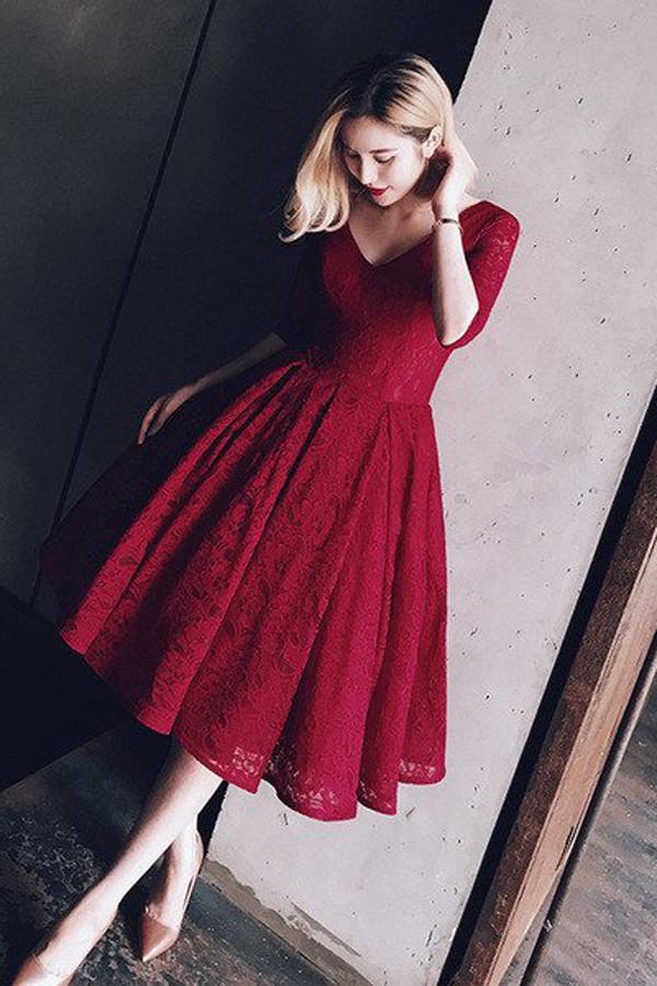 Burgundy Half Sleeves Lace V Neck Homecoming Dress Short Prom Dress