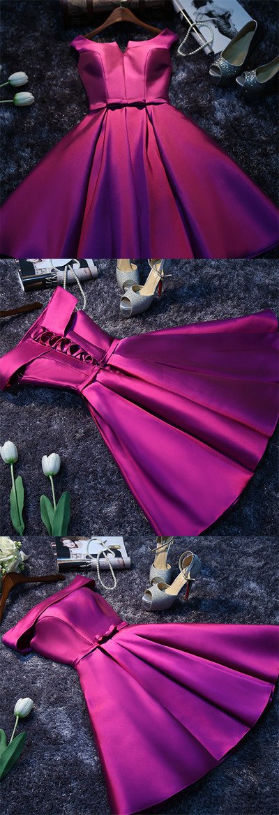 Cheap Purple Simple Satin Short Prom Dresses Homecoming Dress for Girls