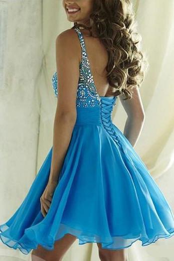 Blue Tulle Beaded Halter Open Back Homecoming Dresses, Junior Short Prom Dress