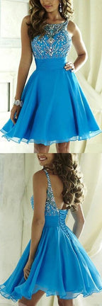 Blue Tulle Beaded Halter Open Back Homecoming Dresses, Junior Short Prom Dress