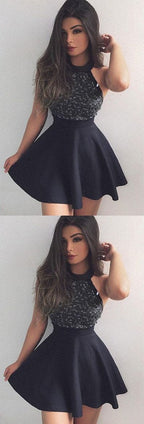 Black A line Mini Short Prom Dress with Beading, Fashion Graduation Dresses