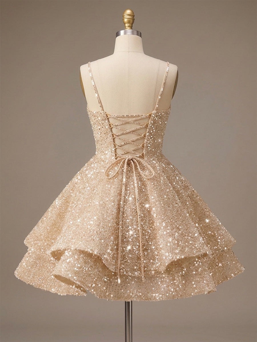 A-Line/Princess Mini Sparkly Sequin Tiered Homecoming Dresses with Spaghetti Straps (SHI22370561)