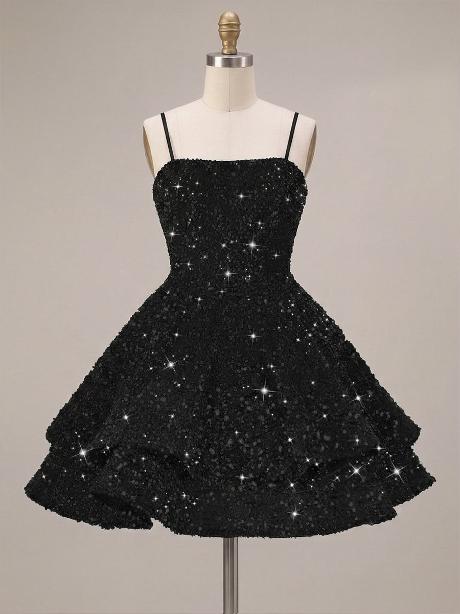 A-Line/Princess Mini Sparkly Sequin Tiered Homecoming Dresses with Spaghetti Straps (SHI22370561)