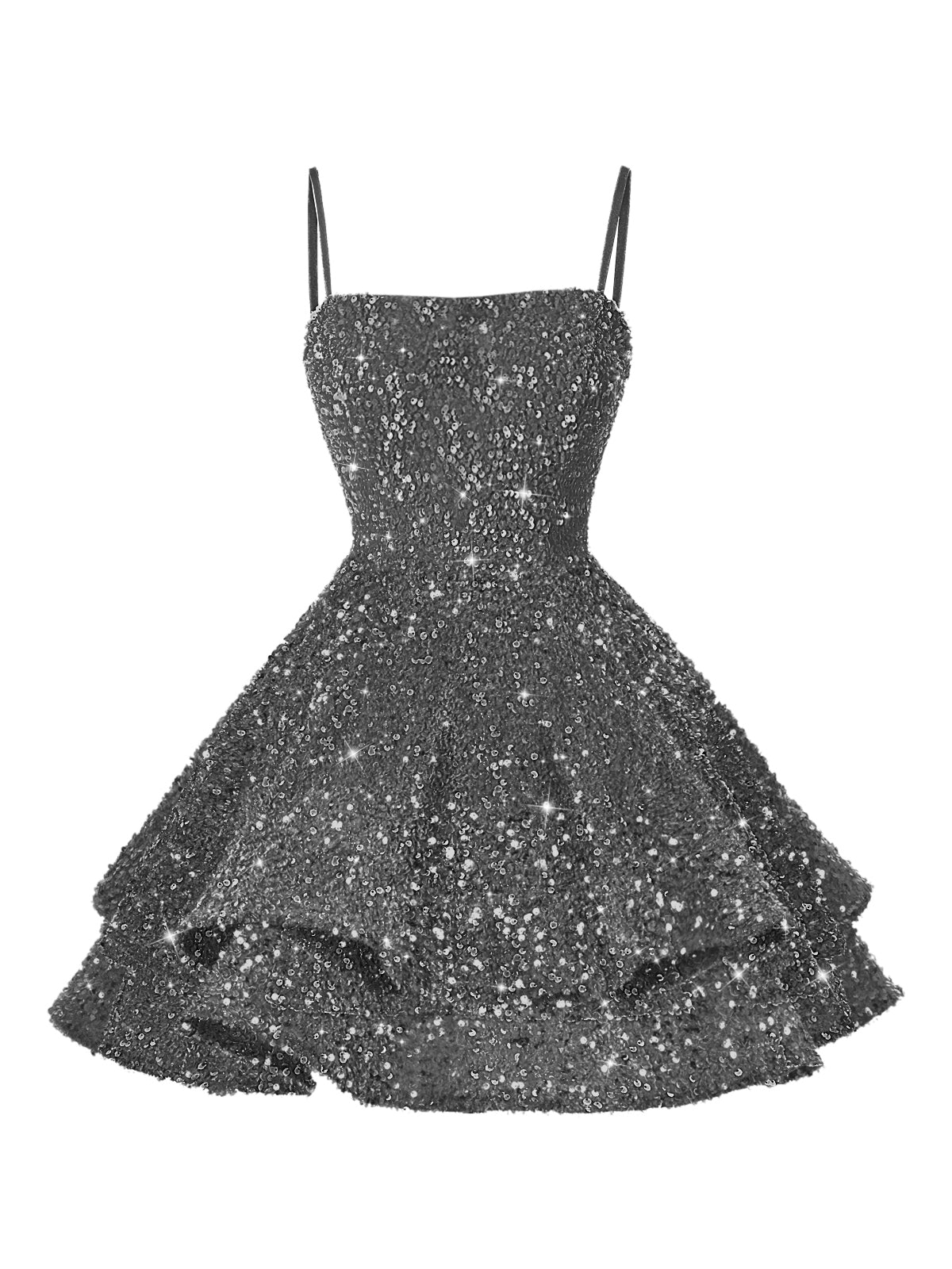 A-Line/Princess Mini Sparkly Sequin Tiered Homecoming Dresses with Spaghetti Straps (SHI22370561)