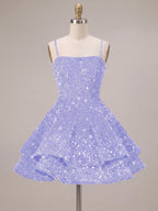 A-Line/Princess Mini Sparkly Sequin Tiered Homecoming Dresses with Spaghetti Straps (SHI22370561)