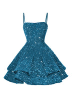 A-Line/Princess Mini Sparkly Sequin Tiered Homecoming Dresses with Spaghetti Straps (SHI22370561)