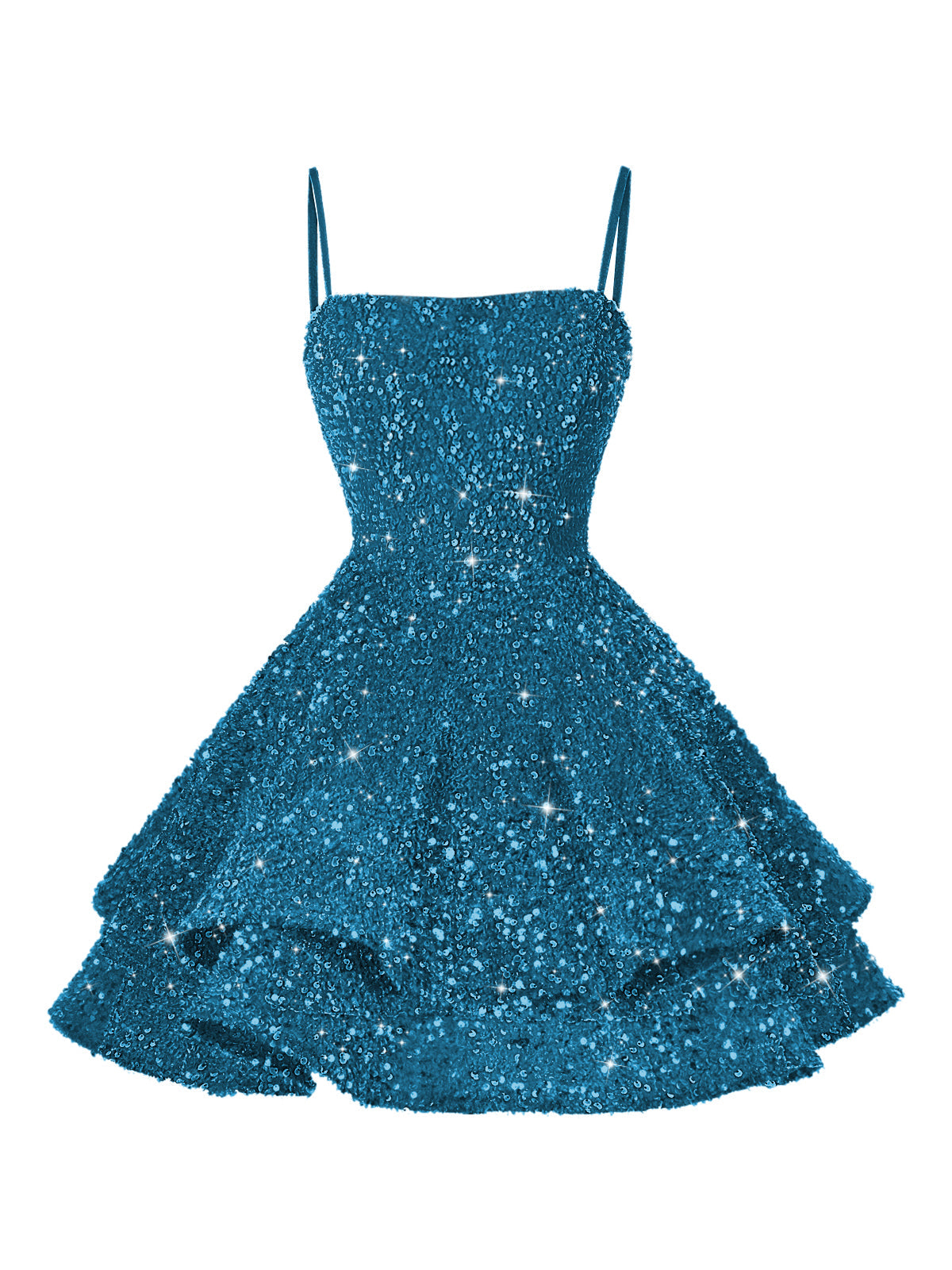 A-Line/Princess Mini Sparkly Sequin Tiered Homecoming Dresses with Spaghetti Straps (SHI22370561)