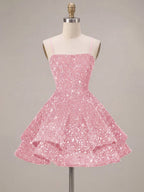 A-Line/Princess Mini Sparkly Sequin Tiered Homecoming Dresses with Spaghetti Straps (SHI22370561)