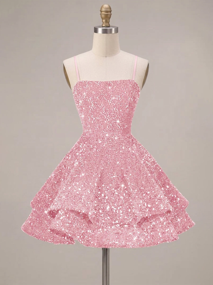 A-Line/Princess Mini Sparkly Sequin Tiered Homecoming Dresses with Spaghetti Straps (SHI22370561)