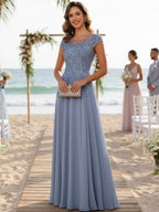 A-Line/Princess Scoop Neck Cap Sleeve Floor-Length Mother of the Bride Dresses with Lace Applique (SHI22500008)