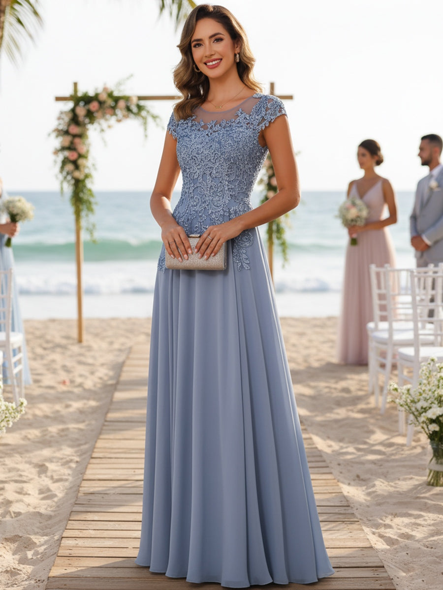 A-Line/Princess Scoop Neck Cap Sleeve Floor-Length Mother of the Bride Dresses with Lace Applique (SHI22500008)