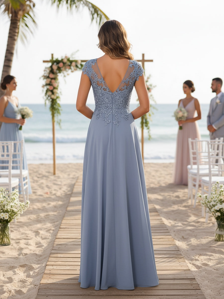A-Line/Princess Scoop Neck Cap Sleeve Floor-Length Mother of the Bride Dresses with Lace Applique (SHI22500008)
