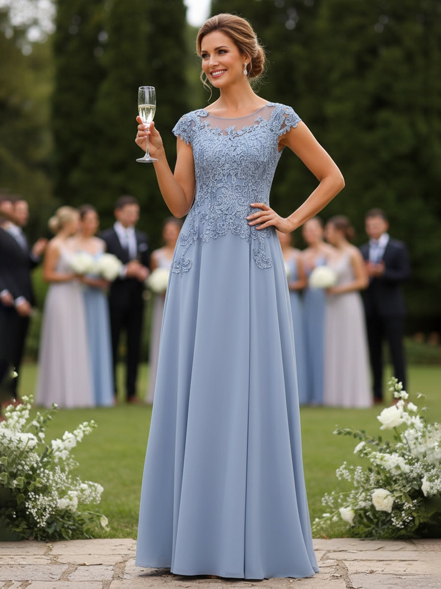 A-Line/Princess Scoop Neck Cap Sleeve Floor-Length Mother of the Bride Dresses with Lace Applique (SHI22500008)