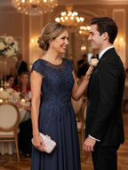 A-Line/Princess Scoop Neck Cap Sleeve Floor-Length Mother of the Bride Dresses with Lace Applique (SHI22500008)