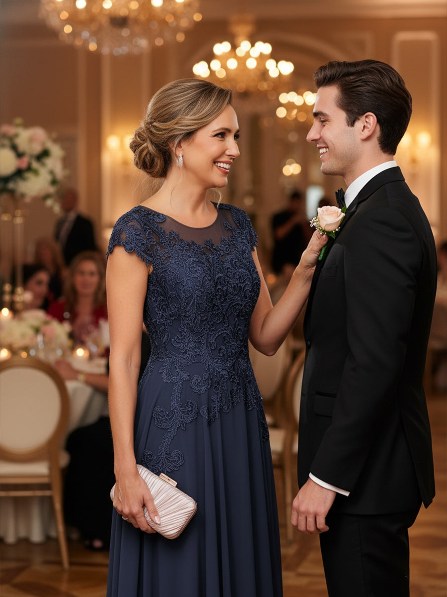 A-Line/Princess Scoop Neck Cap Sleeve Floor-Length Mother of the Bride Dresses with Lace Applique (SHI22500008)