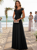 A-Line/Princess Scoop Neck Cap Sleeve Floor-Length Mother of the Bride Dresses with Lace Applique (SHI22500008)