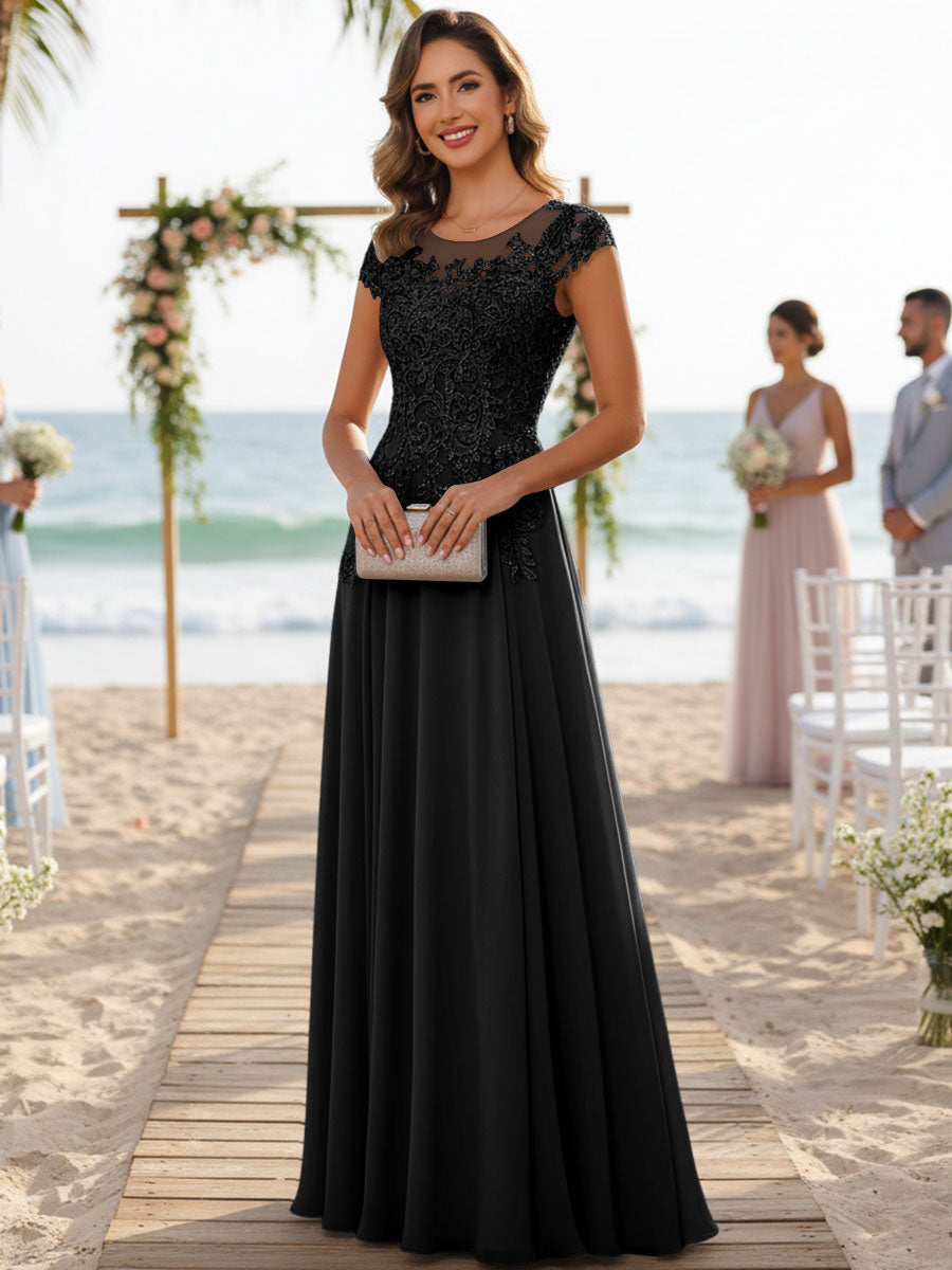 A-Line/Princess Scoop Neck Cap Sleeve Floor-Length Mother of the Bride Dresses with Lace Applique (SHI22500008)