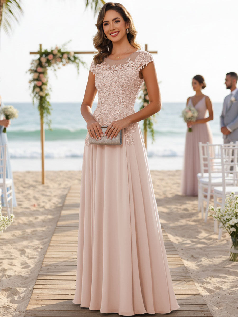 A-Line/Princess Scoop Neck Cap Sleeve Floor-Length Mother of the Bride Dresses with Lace Applique (SHI22500008)