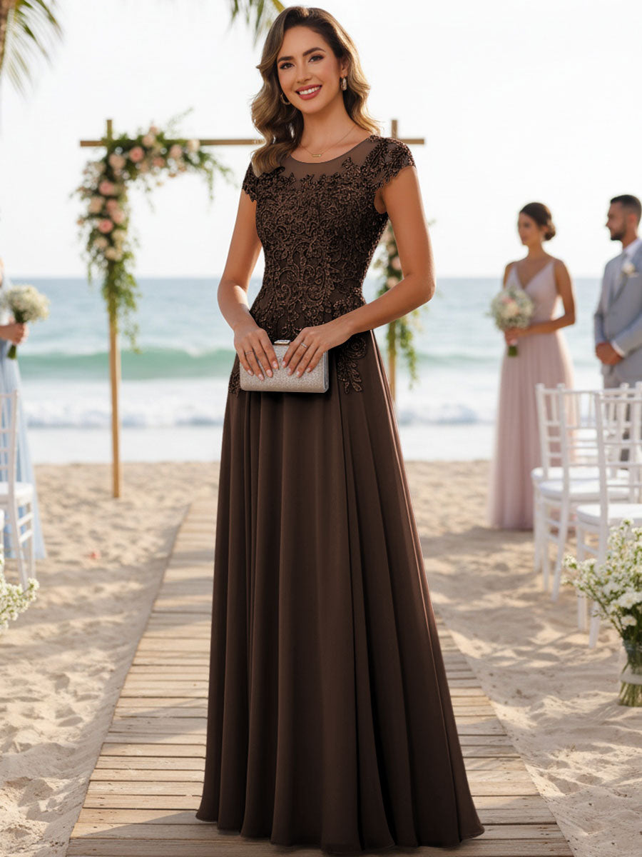 A-Line/Princess Scoop Neck Cap Sleeve Floor-Length Mother of the Bride Dresses with Lace Applique (SHI22500008)