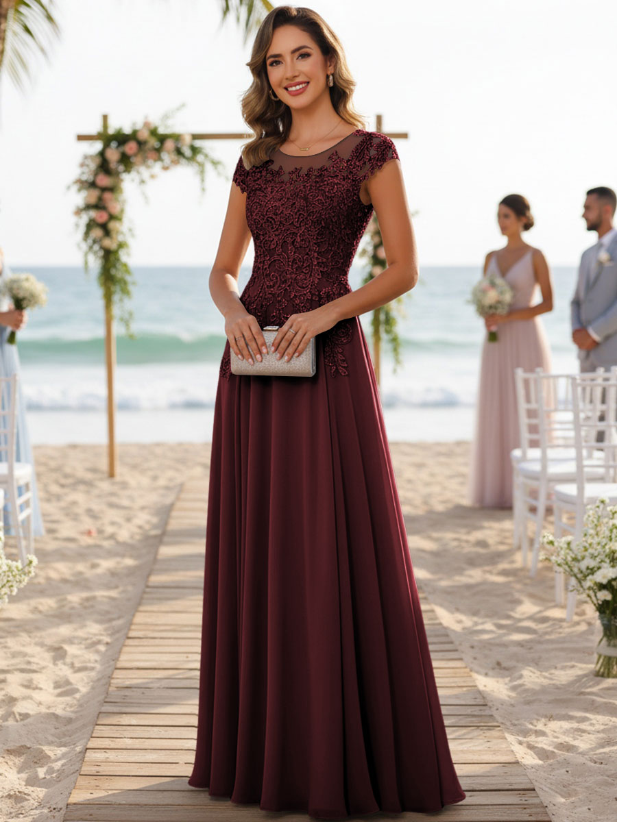 A-Line/Princess Scoop Neck Cap Sleeve Floor-Length Mother of the Bride Dresses with Lace Applique (SHI22500008)