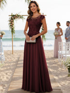 A-Line/Princess Scoop Neck Cap Sleeve Floor-Length Mother of the Bride Dresses with Lace Applique (SHI22500008)