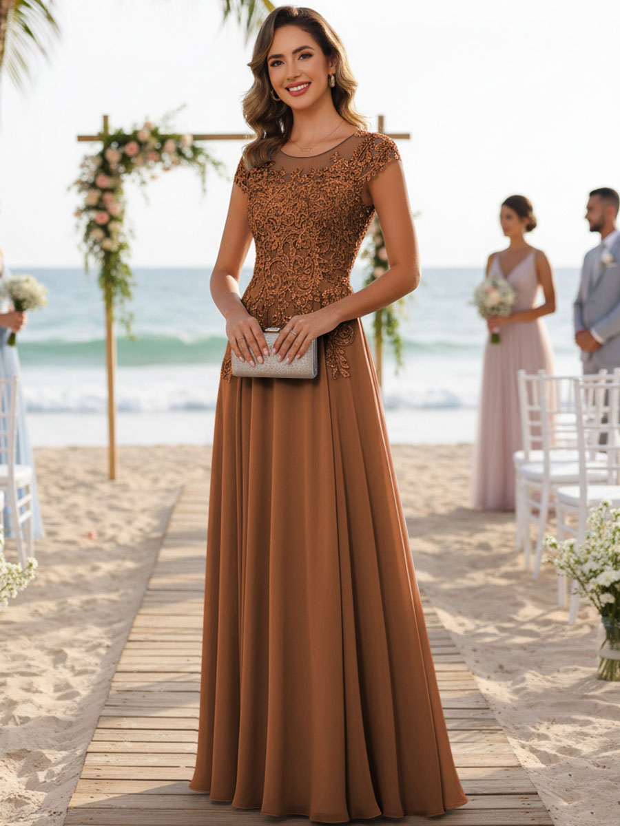 A-Line/Princess Scoop Neck Cap Sleeve Floor-Length Mother of the Bride Dresses with Lace Applique (SHI22500008)
