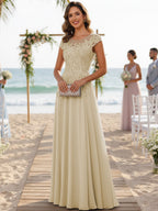 A-Line/Princess Scoop Neck Cap Sleeve Floor-Length Mother of the Bride Dresses with Lace Applique (SHI22500008)