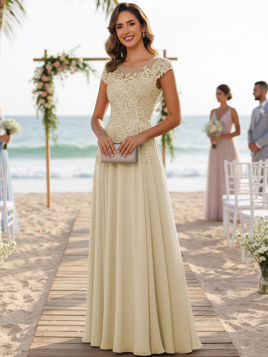 A-Line/Princess Scoop Neck Cap Sleeve Floor-Length Mother of the Bride Dresses with Lace Applique (SHI22500008)