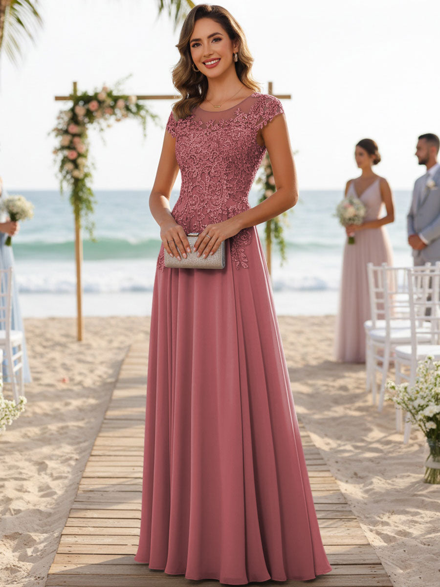A-Line/Princess Scoop Neck Cap Sleeve Floor-Length Mother of the Bride Dresses with Lace Applique (SHI22500008)