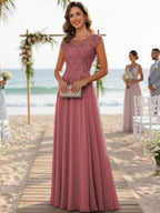 A-Line/Princess Scoop Neck Cap Sleeve Floor-Length Mother of the Bride Dresses with Lace Applique (SHI22500008)