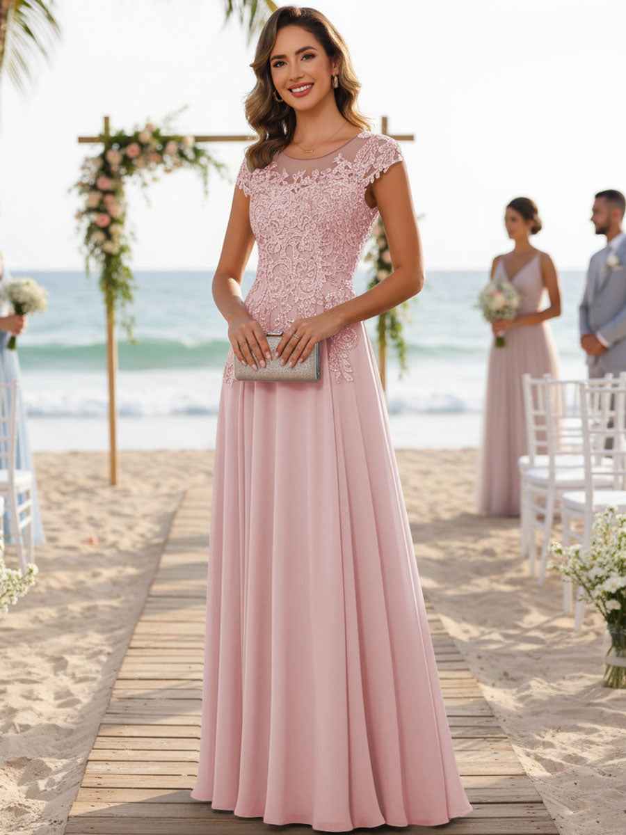 A-Line/Princess Scoop Neck Cap Sleeve Floor-Length Mother of the Bride Dresses with Lace Applique (SHI22500008)