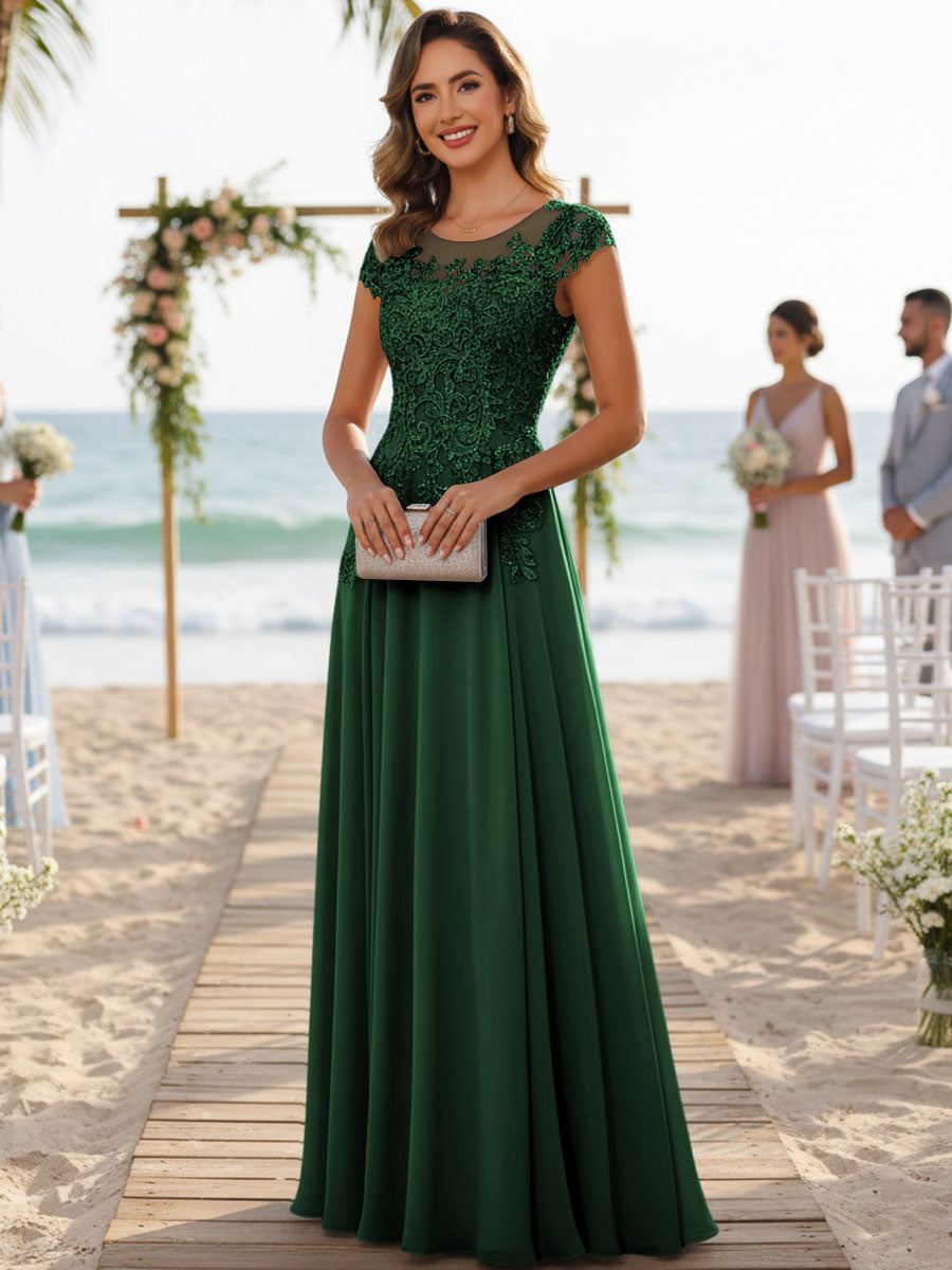 A-Line/Princess Scoop Neck Cap Sleeve Floor-Length Mother of the Bride Dresses with Lace Applique (SHI22500008)
