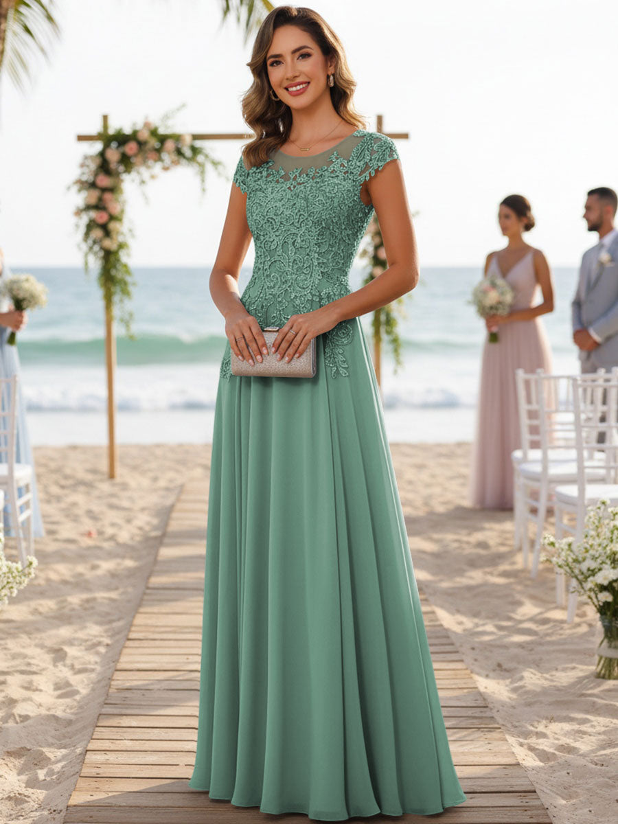A-Line/Princess Scoop Neck Cap Sleeve Floor-Length Mother of the Bride Dresses with Lace Applique (SHI22500008)