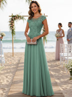 A-Line/Princess Scoop Neck Cap Sleeve Floor-Length Mother of the Bride Dresses with Lace Applique (SHI22500008)