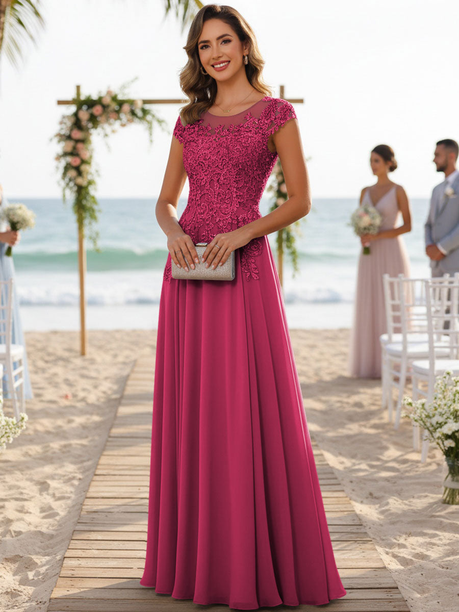 A-Line/Princess Scoop Neck Cap Sleeve Floor-Length Mother of the Bride Dresses with Lace Applique (SHI22500008)