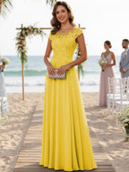 A-Line/Princess Scoop Neck Cap Sleeve Floor-Length Mother of the Bride Dresses with Lace Applique (SHI22500008)