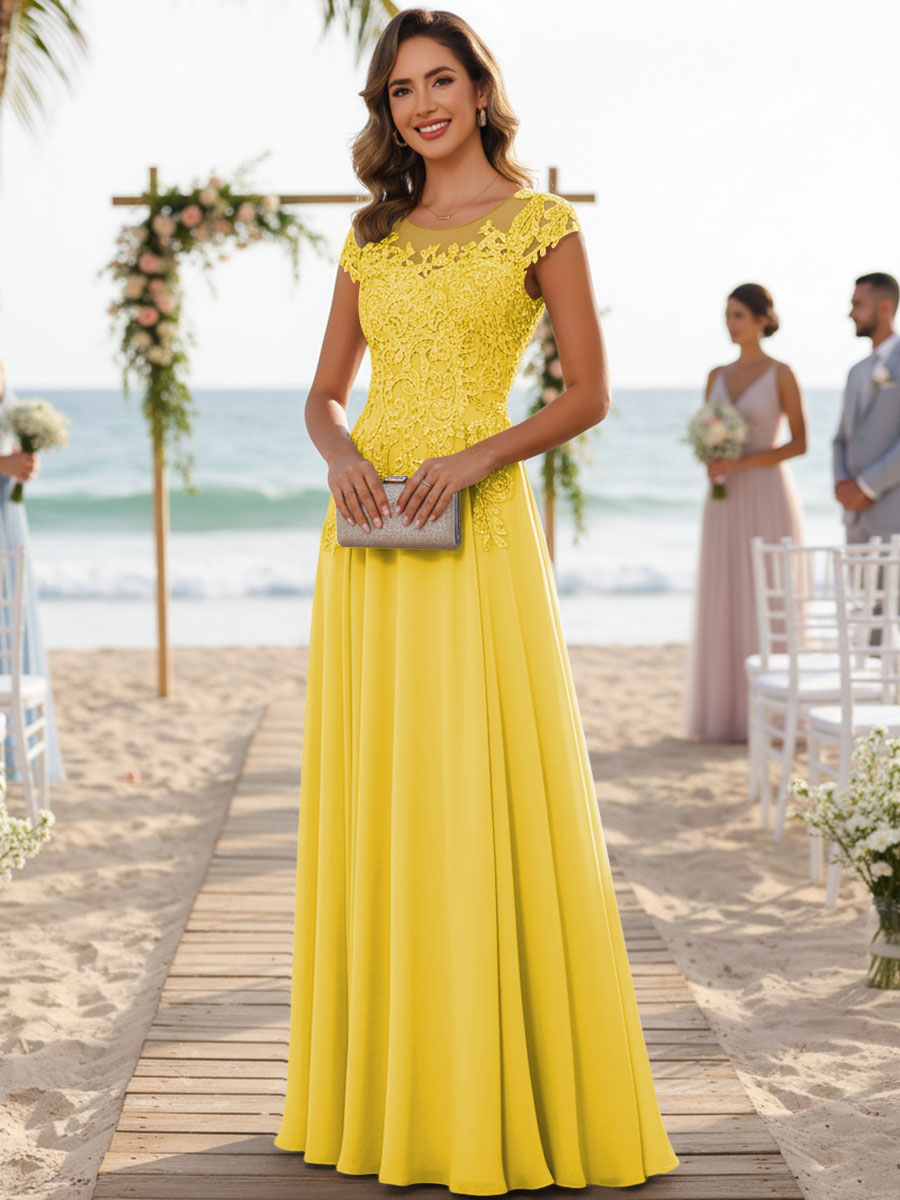 A-Line/Princess Scoop Neck Cap Sleeve Floor-Length Mother of the Bride Dresses with Lace Applique (SHI22500008)