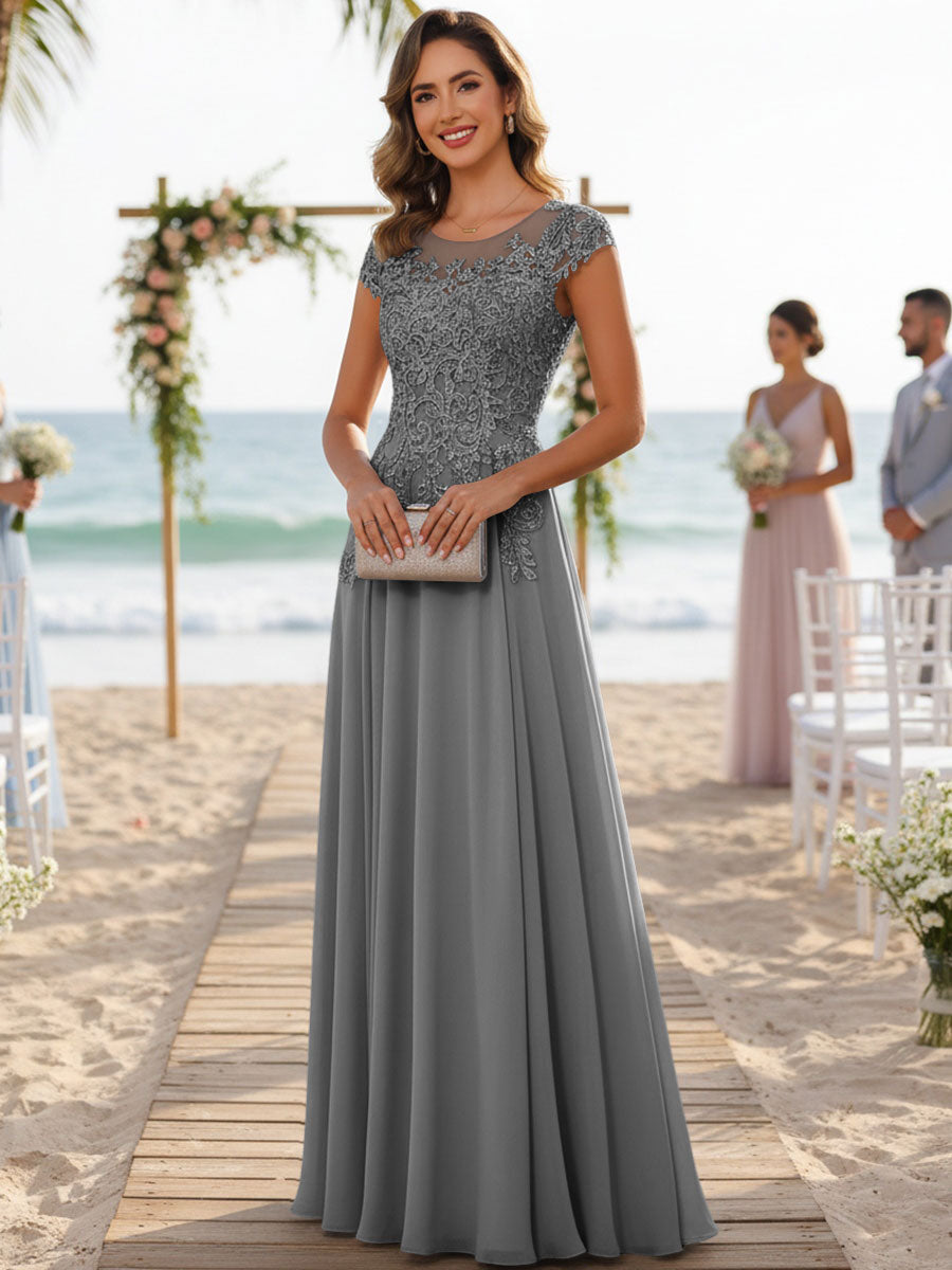A-Line/Princess Scoop Neck Cap Sleeve Floor-Length Mother of the Bride Dresses with Lace Applique (SHI22500008)