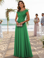 A-Line/Princess Scoop Neck Cap Sleeve Floor-Length Mother of the Bride Dresses with Lace Applique (SHI22500008)