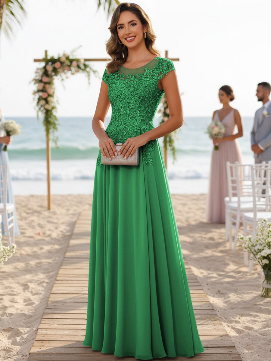 A-Line/Princess Scoop Neck Cap Sleeve Floor-Length Mother of the Bride Dresses with Lace Applique (SHI22500008)