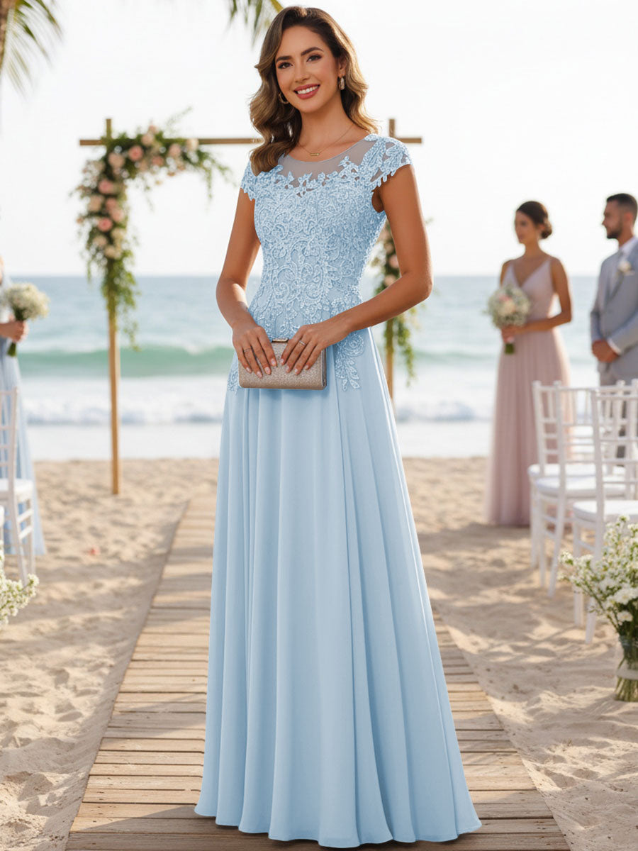 A-Line/Princess Scoop Neck Cap Sleeve Floor-Length Mother of the Bride Dresses with Lace Applique (SHI22500008)