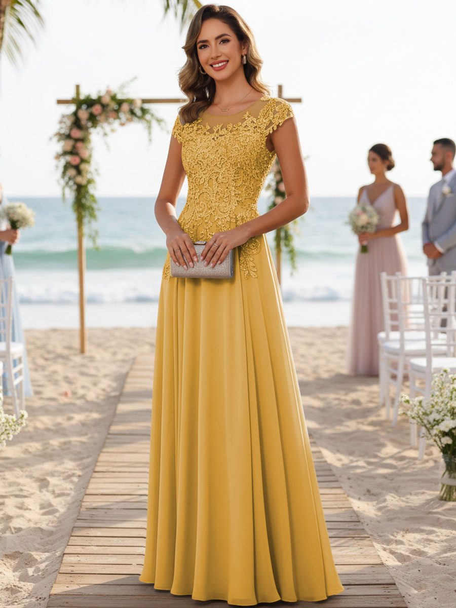 A-Line/Princess Scoop Neck Cap Sleeve Floor-Length Mother of the Bride Dresses with Lace Applique (SHI22500008)